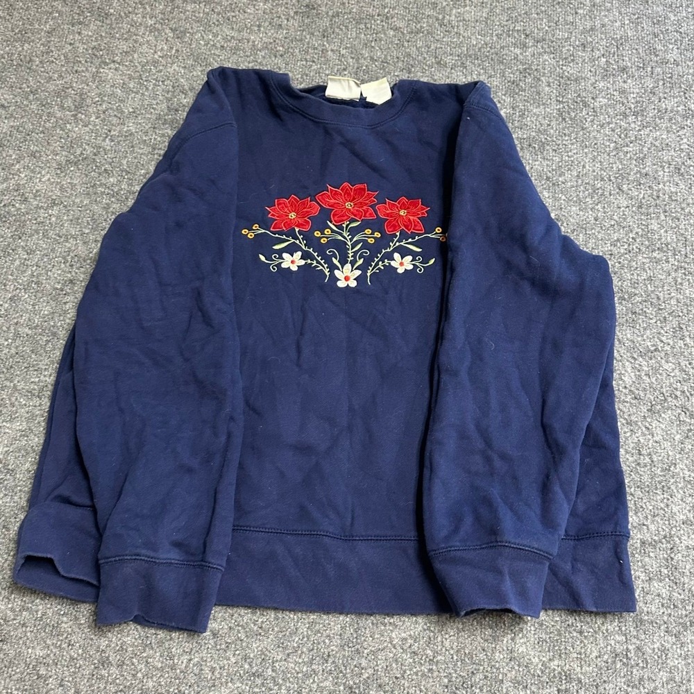 Classic Elements Sweatshirt Womens XL Blue Floral Embroidery Crew Neck Pullover
